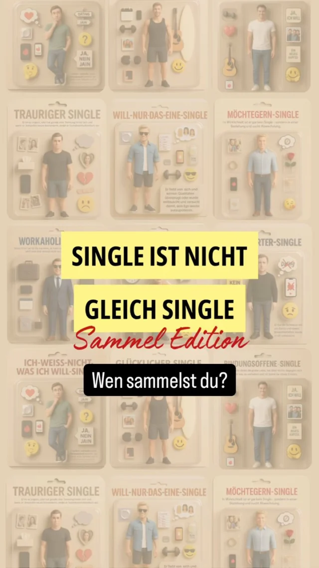 Single ist nicht gleich … Oft heißt es, es ist kompliziert. Man könnte meinen, wenn ein Solist auf einen anderen Solisten trifft, dann müsste das doch passen. Aber weit gefehlt, denn es reicht eben nicht, dass beide den gleichen Beziehungsstatus haben, sondern es ist vom Vorteil sich ähnlich im Charakter, Verhalten, Werte und Einstellung zu sein. 

Und um die ganze Sache noch mehr zu verkomplizieren durchläuft man als Single auch noch verschiedene Phasen. Es gibt verschiedene „Arten“ von Singles, die sich von ihrem Verhalten gründlich unterscheiden. 😉

Am Anfang sind sie oft alle gleich, sie interessieren sich für Dich, machen Dir schöne Augen, spielen Omas Märchenstunde und melden sich am Anfang auch noch. 

Es kristallisiert sich ungefähr innerhalb eines bis zwei Monaten heraus, an welchen Single-Typ man geraten ist. Da machen sich die ersten Verhaltensweisen bemerkbar. 

Und manchmal ist es ganz einfach – kein Interesse, erkennt man daran, ob sich jemand meldet oder nicht!

Ich würde behaupten, ich hatte sie alle - die komplette Sammlung 😅 UND WEN SAMMELST DU? ➡️ 💬 

Gibt es noch andere Exemplare?