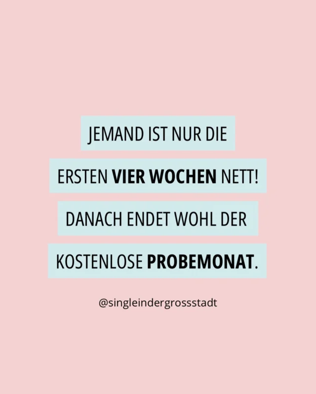 Anfangs zuvorkommend, charmant, fast schon unwirklich aufmerksam, alles inklusive im Startpaket.

Doch sobald du „Ja“ denkst, endet der Service – und du sitzt im emotionalen Abo mit versteckten Nervensystem-Gebühren. Kaum fühlt man sich wohl – zack, Login fehlgeschlagen. Features plötzlich eingeschränkt. Kundenservice? Nicht mehr erreichbar.

Er ist begeistert vom Neuen, vom Flirt, vom Spiel. Doch sobald Vertrautheit eintritt, merkt er: „Oh, das wird ernst.“ Und dann fehlt die emotionale Reife, um wirklich weiterzugehen.
Willkommen im Beziehungsmodell „Gratis-Testphase“.

Doch wer dich nur nett behandelt, solange er etwas gewinnen will, ist kein Gewinn.

Wahre Qualität zeigt sich nach der Probezeit – wenn Masken fallen und Absichten klar werden.

🧠 Lerne: Du bist kein Gratisangebot.
Und echte Bindung? Hat keine Testversion – sondern echtes Interesse.

Deshalb: Kündige rechtzeitig, bevor du aus Versehen ein Abo abschließt, das dich emotional kostet.

💬 Hast du den „Probemonat“-Typen auch schon mal erlebt? Erzähl’s in den Kommentaren.
📲 Speichere diesen Post als Erinnerung daran, deinen Selbstwert nie zu rabattieren.